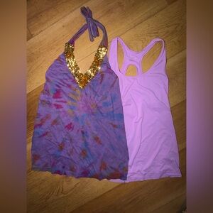 Purple Tie-Dye Halter with Gold Sequin V-Neck & Purple Activewear Racerback Tank